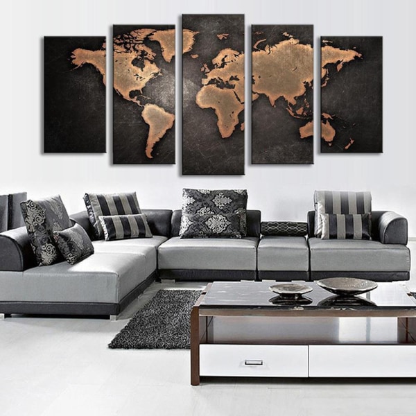 Print på duk som representerar en världskarta på en svart bakgrund - modern dekoration
