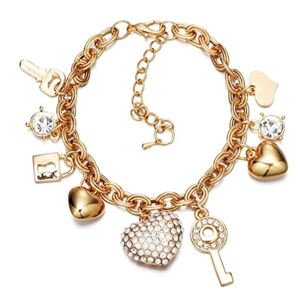 14K guldpläterade kärlekslåsta armband för kvinnor och flickor, med kristall, kärlekshjärta, nyckel, lås, berlockarmband Sunmostar