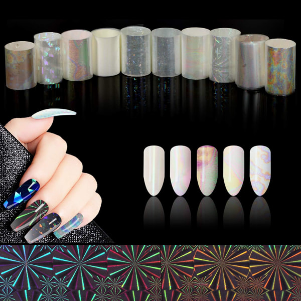 10 rullar White Pearl Color Holografisk Nail Foil Transfer Sticker Roll Set, Mix-Pattern Nail Art Stickers, Wraps Decals Starry Sky Manicure Sunmostar