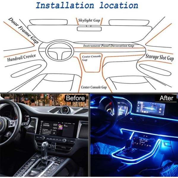 Bilinredningsljus, 8m bil LED-ljusremsa, 5v Autointeriör LED-remsa, Lämplig för alla bilmodeller omgivningsljus， Sunmostar