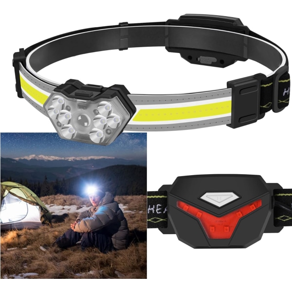 Pannlampa, USB uppladdningsbar LED-strålkastare, IPX4 vattentät pannlampa, COB helljus och halvljus med bakljus, lämplig för jogging, camping, etc Sunmostar