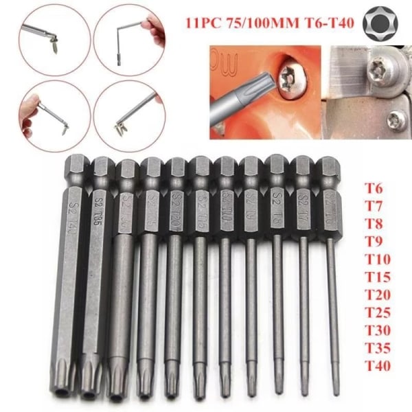 11 delar långa Torx-skruvmejselbitar T6-T40 magnetiska bitar 100 mm 1/4" sexkantskaft för elektrisk skruvmejsel och skruvmejsel--Lefou Sunmostar