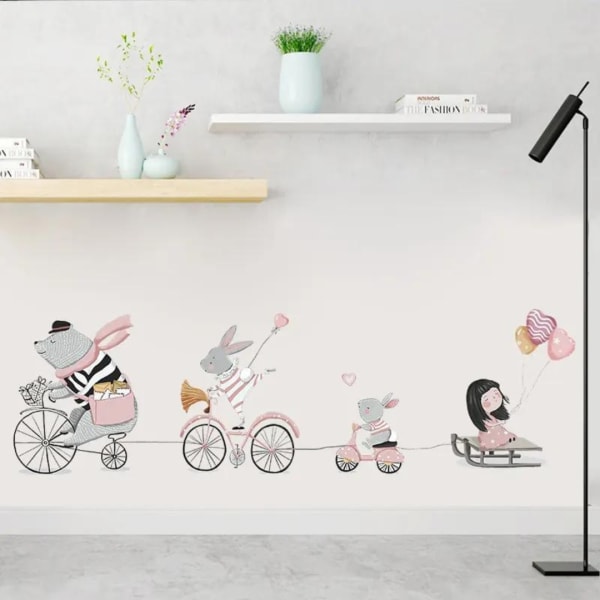 Dekorativ väggdekal för barn, återanvändbar, vardagsrum, reptålig, Djur på cyklar, 90x30 cm