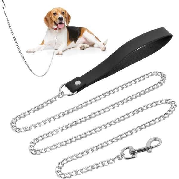 Hundkoppelkedja, Hundkedjekoppel, 118 cm Hundkedja, Metallkedjekoppel, koppel med vadderat handtag, Hundkoppel för husdjur - Svart + Silver