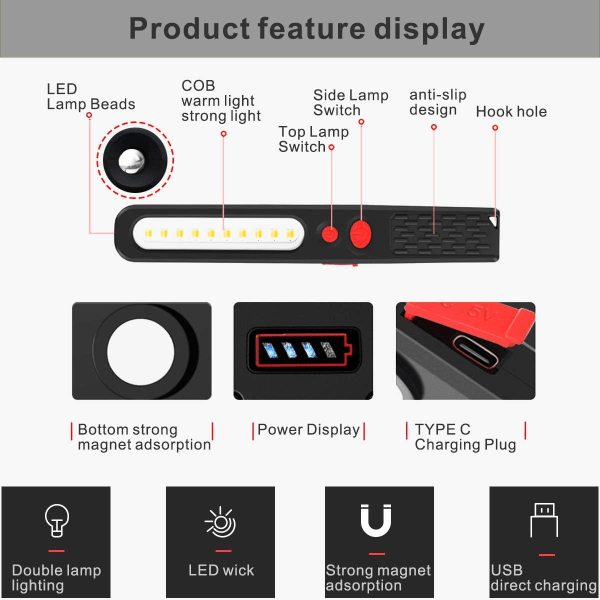 Uppladdningsbar LED-arbetslampa, dubbelfärgad kombinationslampa 2 i 1 inspektionslampa och 5W COB LED-lampa med dubbelmagnet för Auto Garage Wo Sunmostar