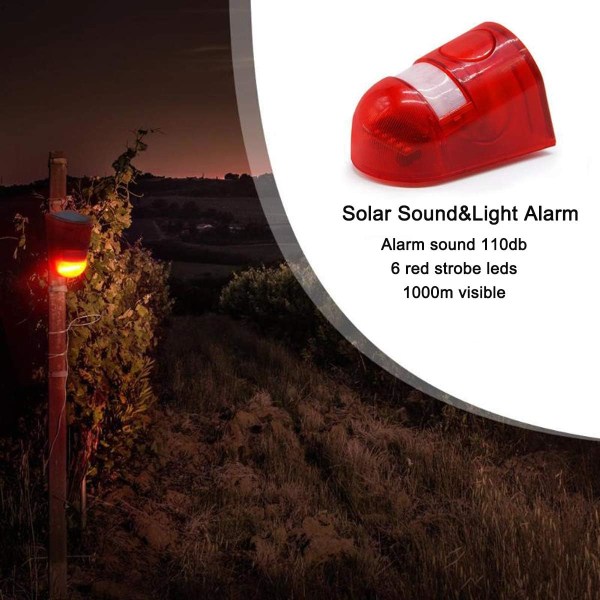 Solljud och ljuslarm med rörelsesensor 110 decibel ljudlarm Siren och 6 LED-blixt Strobe Varning Säkerhetslarmsystem för Far Sunmostar