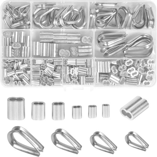 225 stycken M1.2-M5 rostfritt stål vajerklämmor och aluminium presshylsor Clips Kit, Sunmostar Crimping Loop Sleeve