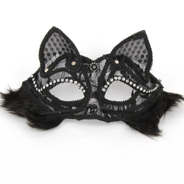 Betterlifefg-Halloween Masquerade Julfest Halvt ansikte Fox Spetsmask Half Face Princess Mask Venetiansk Mask, Hårig Black Fox Spetsmask, Sunmostar