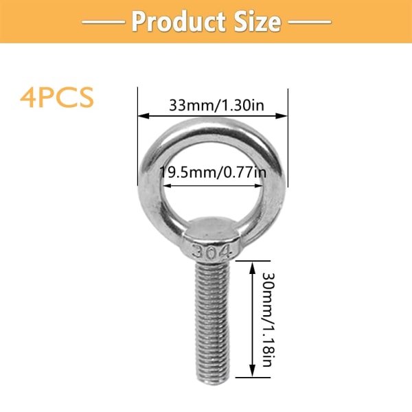 4 delar Lyftring Bult Lyftring Fästring Gänga Ring Skruv 304 Rostfritt stål Runda öga bultar för montering och upphängning för hem Sunmostar