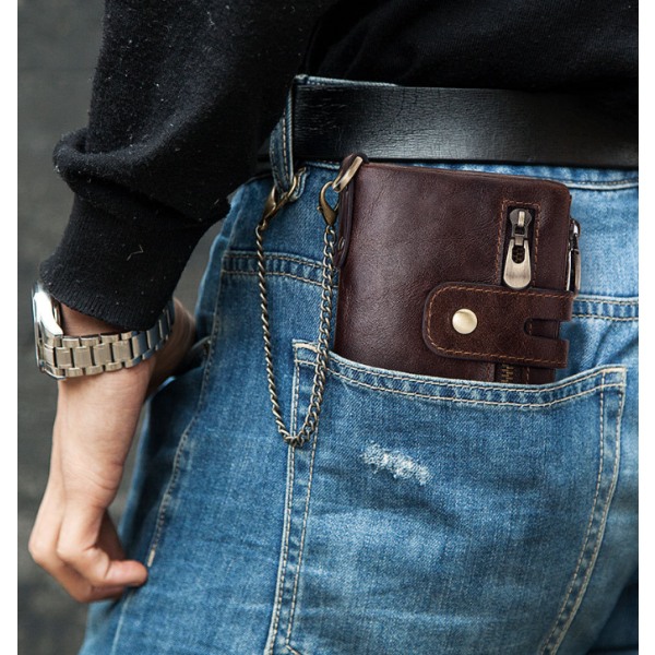 Herrplånbok RFID-blockerande plånbok för män i äkta läder och myntficka med dragkedja Bifoldad plånbok (brun) Sunmostar