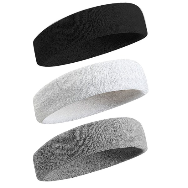 Set med 3 unisex sportpannband, bomull/ nylon, vit/svart/grå