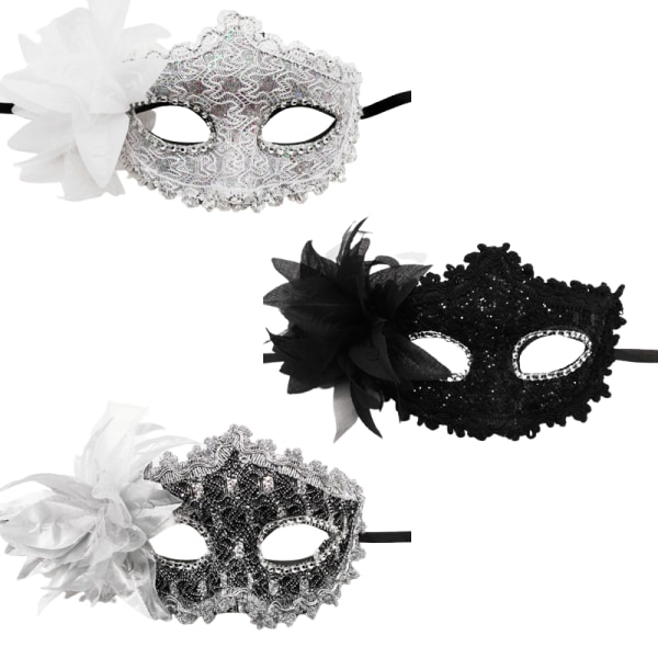Set med 3 Mardi Gras Half Masquerade Venetiansk Mask Kostym Festtillbehör (Svart/Silver Svart/Silver) Sunmostar