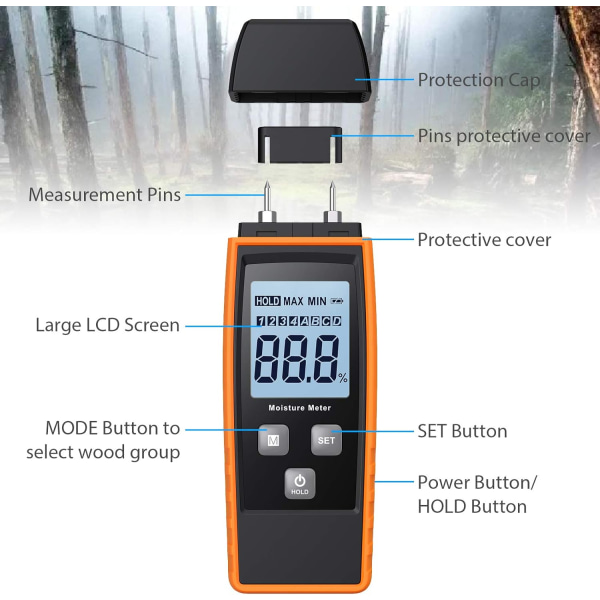 Digital träfuktmätare med bakgrundsbelyst LCD-skärm - Handhållen fuktmätare för att upptäcka läckande vedfukt och cementbruk Sunmostar
