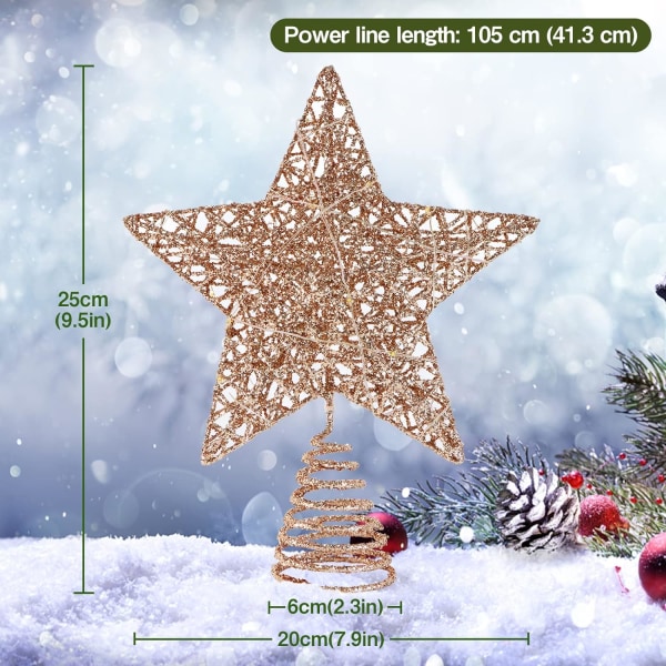 1st Stjärna för julgranstopper WHOLEV 20cm Rose Gold Tree Topper Lighted Star 15 LED-lampor Glitter Metall Julgranstopper Hållare Sunmostar