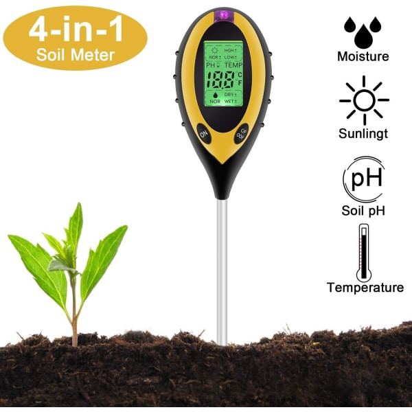 Soil Tester 4 in 1 Soil Tester PH-mätare, solljus, temperatur, hygrometer för trädgårdsgård gräsmatta inomhus utomhus växt Blomma, svart, One Piec Sunmostar