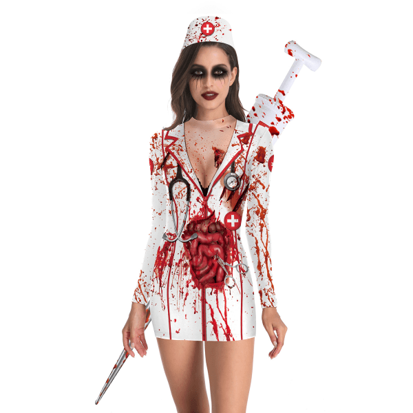 Halloween Zombie Sjuksköterska Klänning, Kvinnor Långärmad Skräcksköterska Uniform Killer Kostym, Blodig Halloween Ghost Outfit Sunmostar