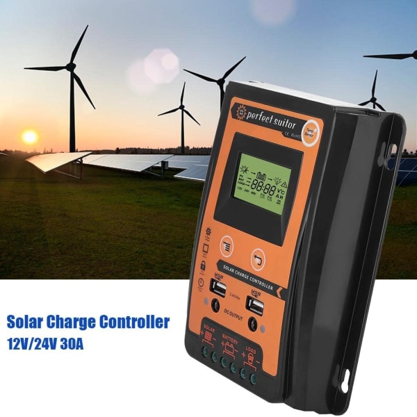 Solar Controller, Plast/Aluminium, 12V/24V, 30A, Batteriregulator, LCD, Svart/Orange