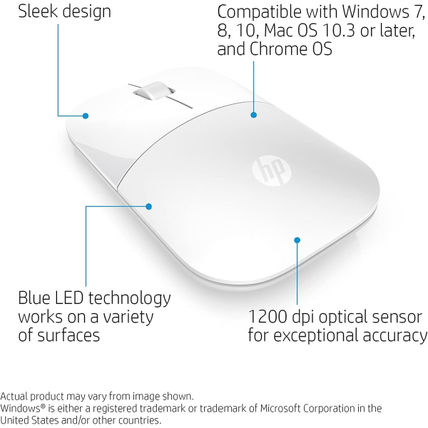 HP Z3700 2,4 GHz USB trådlös mus med blå LED, 1200 DPI optisk sensor, vit