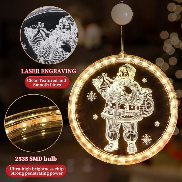 Julfönsterbelysningsdekorationer, förstorat LED-julljus för fönster utomhus inomhusdekorationer Hängande 3D-lampor Batteridriven Sunmostar