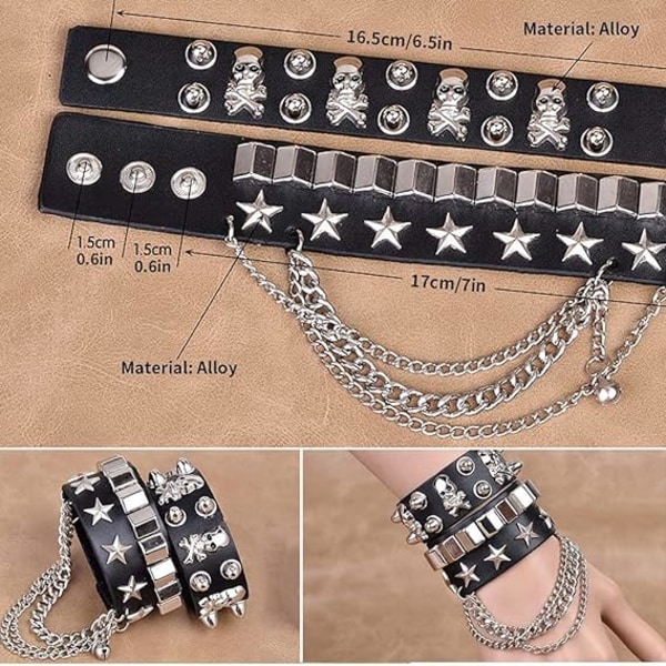 Punk Gothic Rock Läderarmband, 70-tals 80-tals 90-tals Heavy Metal Disco-dräkttillbehör för män och kvinnor i punkrockbandsmönstrad klänning.