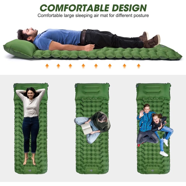 Självuppblåsande campingmadrass, liggunderlag med kudde och fotpump, bärbar ultralätt uppblåsbar madrass för camping, resor, vandring, grön