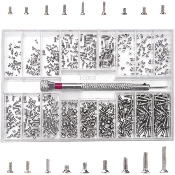 500 delar Micro Tiny Screws Kit, M1.2 M1.4 M2 Micro Reparations Screws, Rostfritt stål Små skruvar Sortimentssats med skruvmejsel, Silver Sunmostar