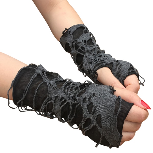 Gothic Black Fingerless Långa Handskar Punk Hole Halvfingerhandskar Armvärmare Tiggare Cosplay Halloween Kostym Accessoarer Sunmostar