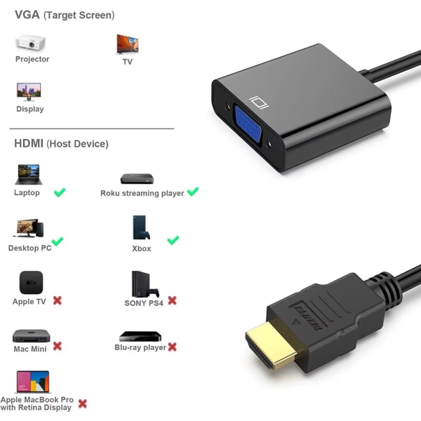 HDMI till VGA, guldpläterad HDMI till VGA-adapter (hane till hona) för dator, stationär, bärbar dator, PC, bildskärm - svart