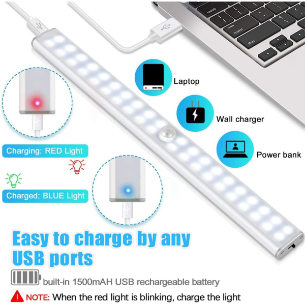 40 LED Garderob Ljus Garderob Belysning Rörelsedetektor USB Uppladdningsbar Led Strip 4 Ljuslägen Garderob Ljus Självhäftande Magnetremsa LED Nig Sunmostar