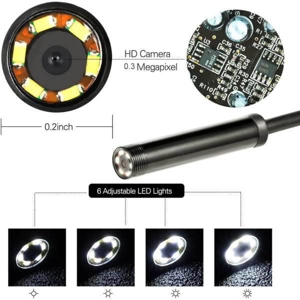 Borescope, HD Borescope Camera, IP67 vattentät halvstyv inspektionskamera med 6 justerbara LED-lampor, för Android-telefon Windows Macbook Co Sunmostar