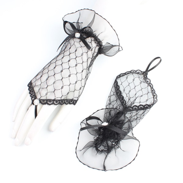 Spetsvantar för kvinnor - Korta fingerlösa handskar - Halloweenkostym för vuxna - Bröllopshandskar (svarta) Sunmostar