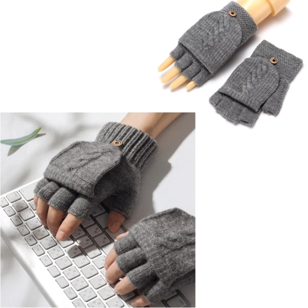 1 par Ullstickade Fingerless Flip Handskar Vintervarma pekskärmshandskar för män Kvinnor Unisex exponerade fingervantar