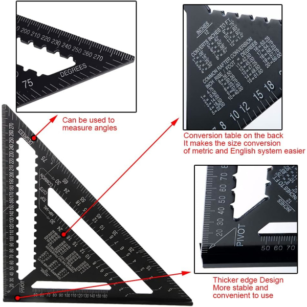 2 stycken fyrkantig triangel vinkellinjal Gradskiva Hög precision aluminiumlegering mätverktyg, aluminium fyrkantigt Carpenter fyrkantigt verktyg, svart (1 Sunmostar