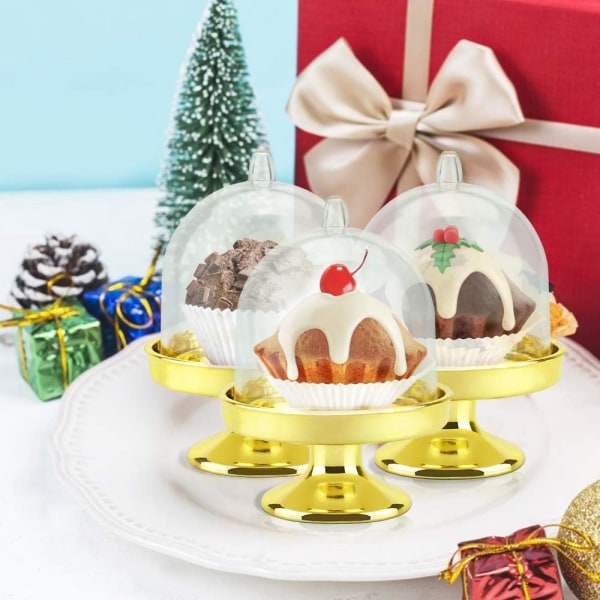 12 ST Mini Plast Cupcake Stand Mini Cake Stand med kupollock Transparent Mini Cake Stand för Candy Cupcake Succulent Plant Bröllop (Gold Sunmostar