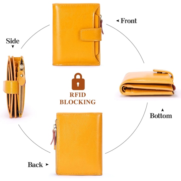Kvinnors RFID-blockerande läder Liten kompakt dubbelvikt dragkedja Plånbok Kortfodral Case med ID-fönster Citrongul Sunmostar