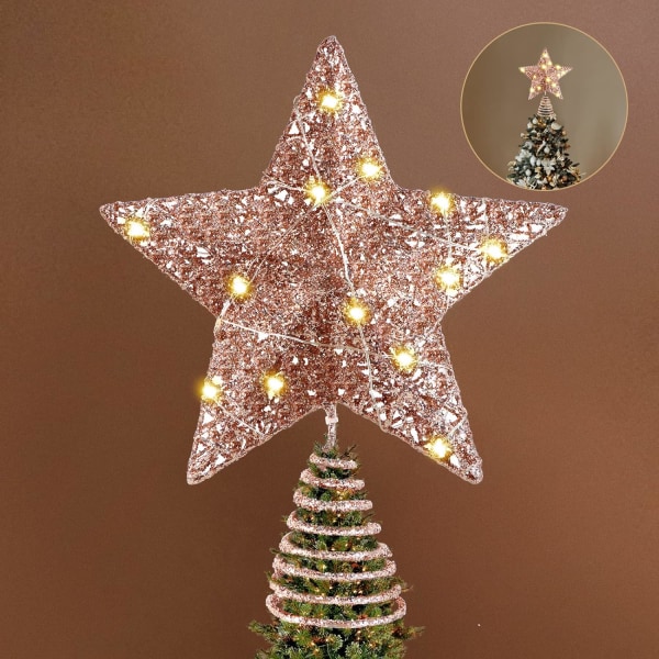1st Stjärna för julgranstopper WHOLEV 20cm Rose Gold Tree Topper Lighted Star 15 LED-lampor Glitter Metall Julgranstopper Hållare Sunmostar