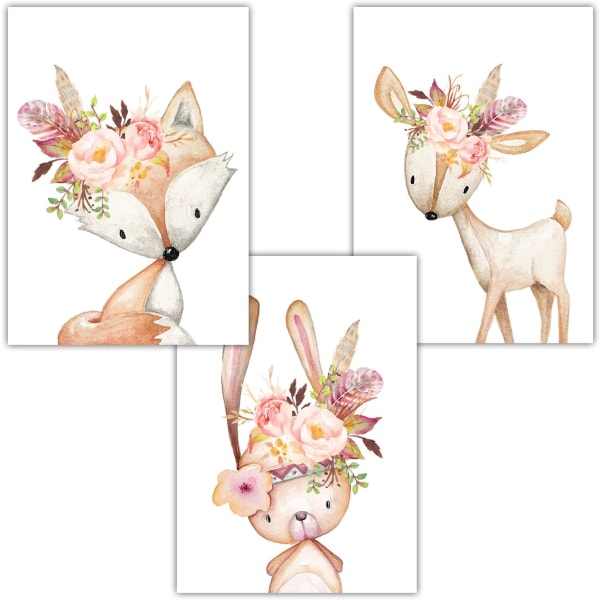 Set med 3 affischer för barnrum/ baby – DIN A4 format – dekoration för pojke och tjej – skogsdjur rådjur räv hare Färg Fontainebleau Sunmostar