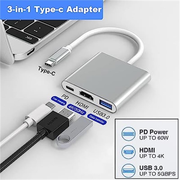 USB C till HDMI Multiport Adapter med 4K Video Converter/ USB 3.0 Hub Port/PD Snabbladdningsport för Mac och USB Type-C-enheter