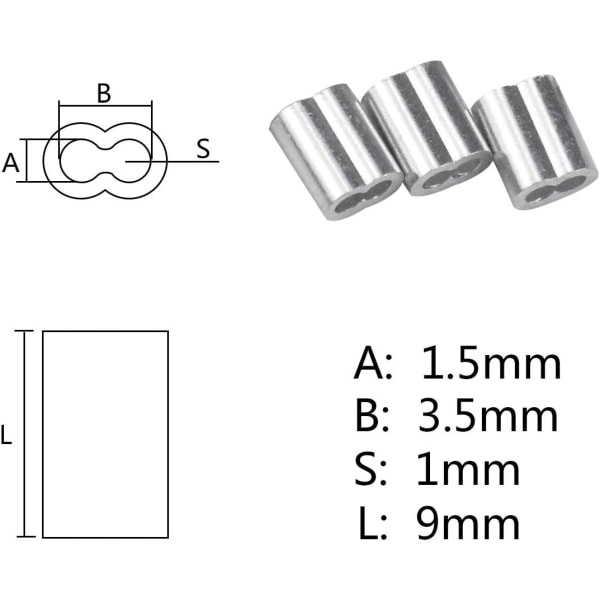 Aluminiumhylsor, aluminiumtrådshylsor, aluminiumkrympklämma med dubbla hylsor för vajer, flygplanskabel, silver (1,5 mm / 0,0 Sunmostar