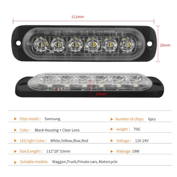 6 LED-bromsljus för bilstrobe - 12V-24V fordonsljusstång - säkerhetsblinkljus för bil, nyttofordon, båt, släp, husvagn, 2st Sunmostar