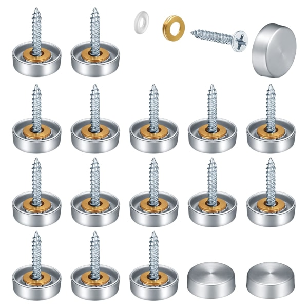 16-pack spegelskruvar 16 mm cover i rostfritt stål cap Dekorativa spegelskruvar, spegelskruvar i rostfritt stål Spegelskruvar Silver Sunmostar