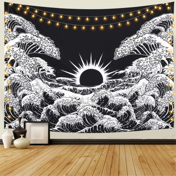 Mandala väggtapet Big Wave gobeläng med solnedgång gobeläng Svart och vit ocean gobeläng väggupphängning för vardagsrummet sovrum (100*150cm)