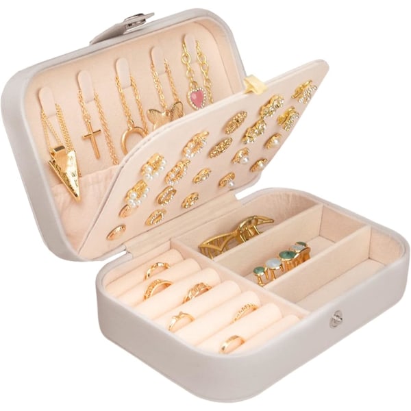 Smyckeskrin Små resor Smycken Organizer Case för halsband Ringar Armband Örhängen Premium konst PU läder smyckeskrin (Vit)