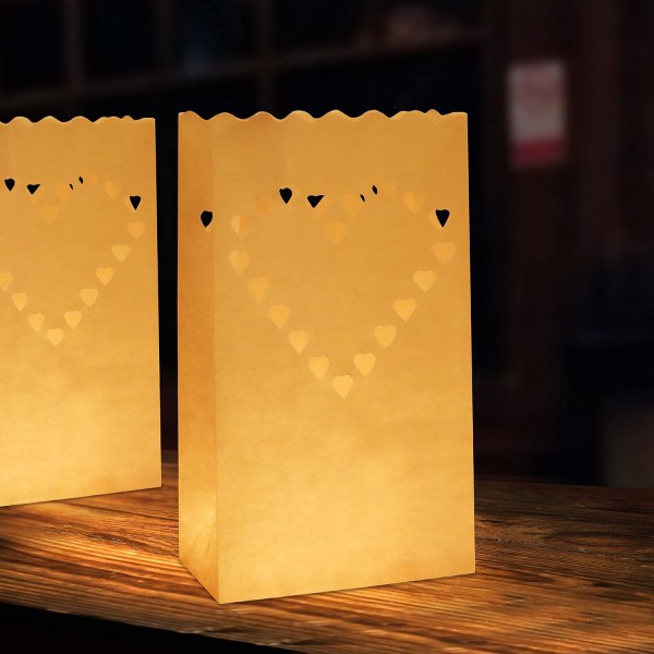 (Förpackning om 20) - Brandsäker pappersljuspåse med hjärtform - Papperslykta för evenemang, fester, alla hjärtans dag, förlovning, bröllop och jul