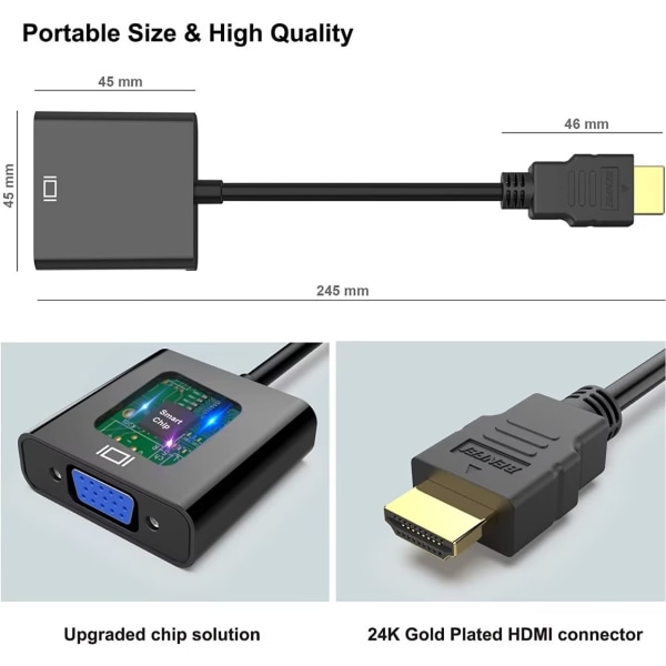 HDMI till VGA, guldpläterad HDMI till VGA-adapter (hane till hona) för dator, stationär, bärbar dator, PC, bildskärm - svart