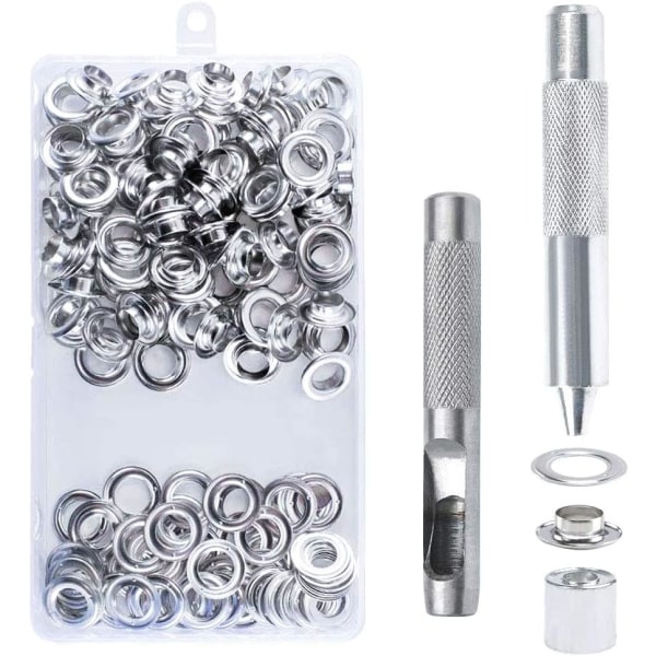 100 st Öljeset 14 mm Grommet Kit Öljetter Verktyg Metall Grommet Öljesats med Öljeverktyg för Canvas Presenning Tält Reparation Silver，T-Audacity