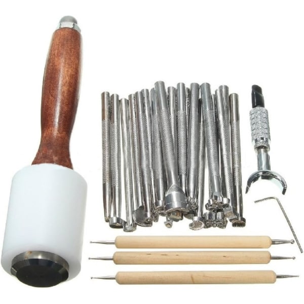 Set med 25 verktyg för att sy läder, Rostfritt stål/Trä