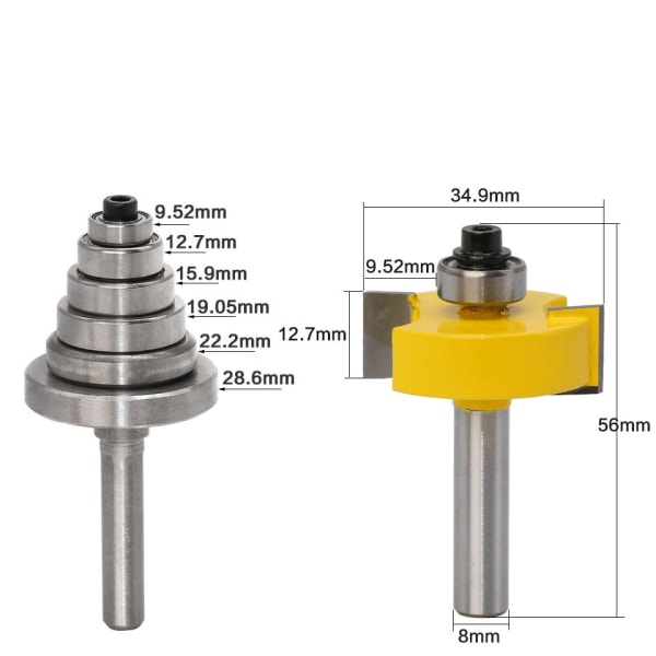 8 mm skaft kaninöverfräs överfräs med 6 lager för flera djup 28,6 mm, 22,2 mm, 19,05 mm, 15,9 mm, 12,7 mm, 9,52 mm träbearbetningsverktyg, Versailles