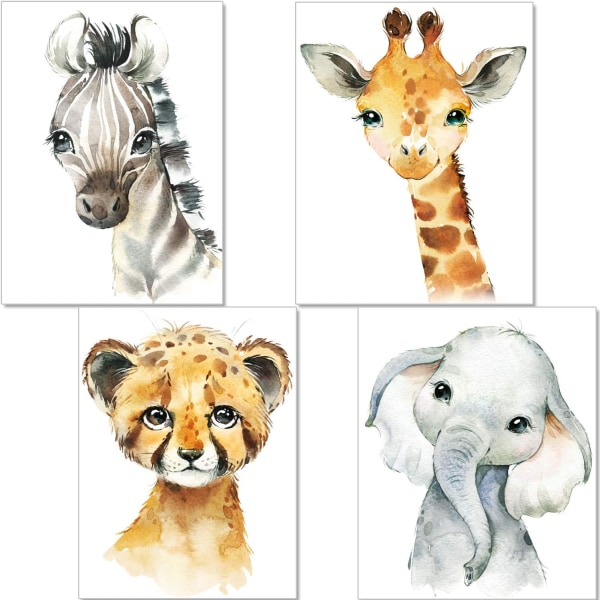 Set med 4 affischer dekoration för barnrum - baby eller flicka affischer - djungelsafari djur - väggdekoration - bild giraff elefant Sunmostar