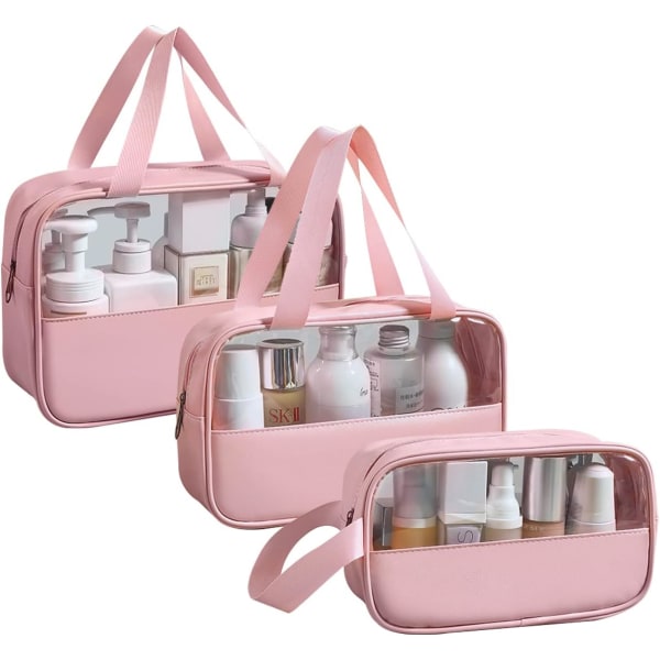 Genomskinlig toalettväska 3 st, PVC vattentät skarvningspåse för kosmetika, handhållen sminkväska med stor kapacitet, resesminkväskor (rosa) Sunmostar